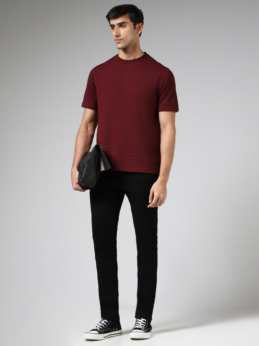 WES Lounge Burgundy Self-Striped Relaxed Fit T-Shirt