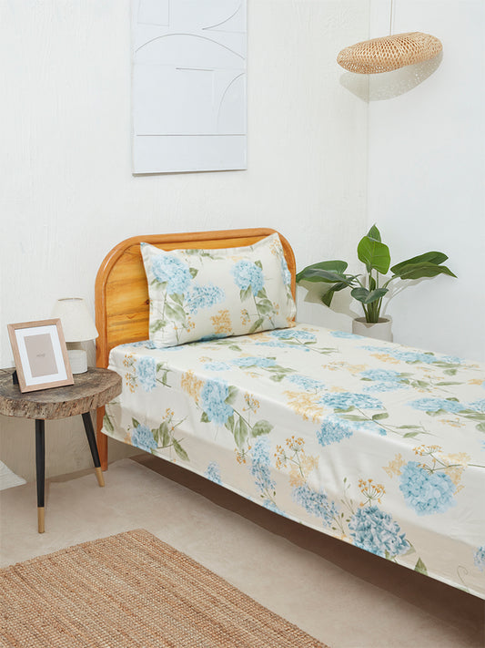 Westside Home Aqua Hydrangea Design Single Bed Flat Sheet and Pillowcase Set