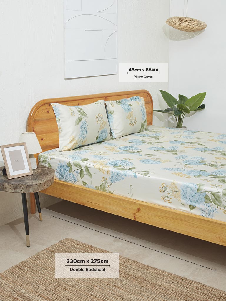 Westside Home Aqua Hydrangea Design Double Bed Flat Sheet and Pillowcase Set