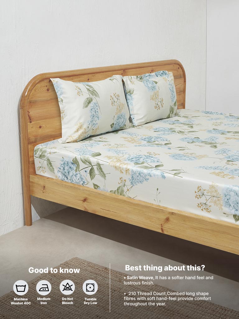 Westside Home Aqua Hydrangea Design Double Bed Flat Sheet and Pillowcase Set