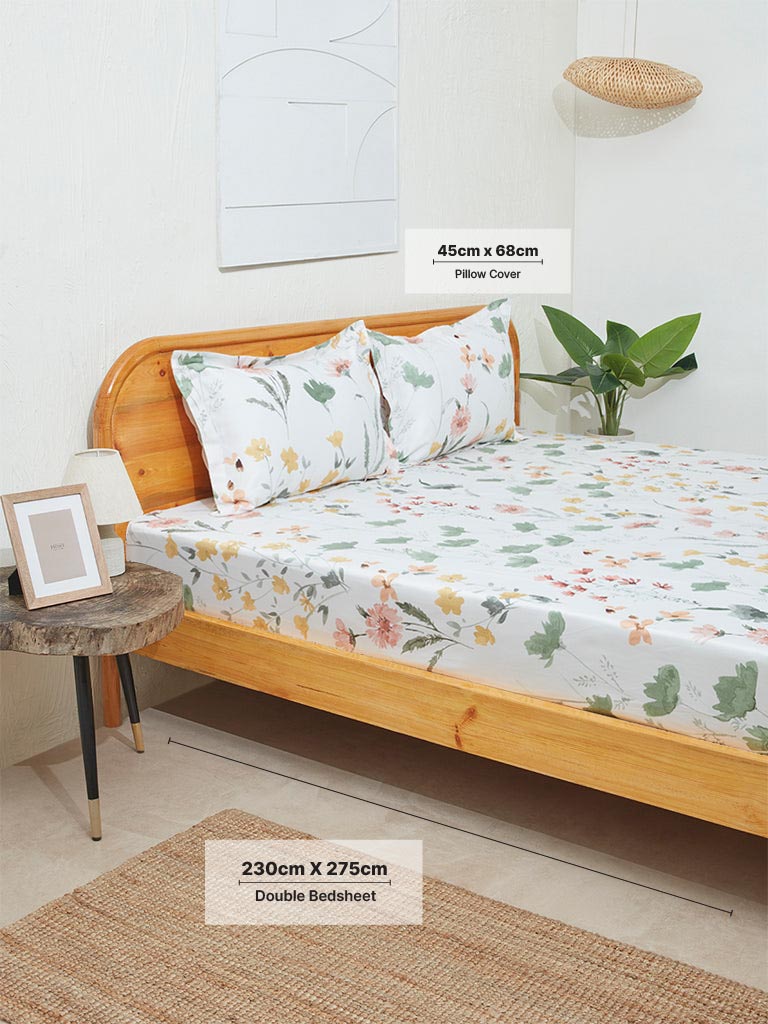 Westside Home Mint Floral Print Double Bed Flat Sheet and Pillowcase Set