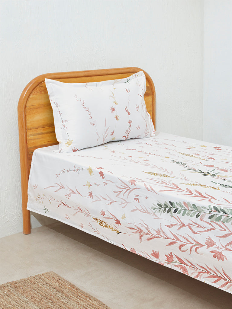 Westside Home Pink Floral Design Single Bed Flat Sheet and Pillowcase Set