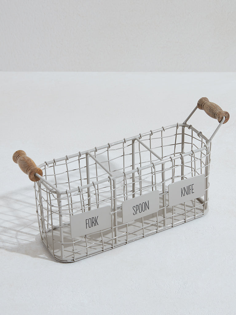 Westside Home Off White Wired Cutlery Caddy with Wooden Handles