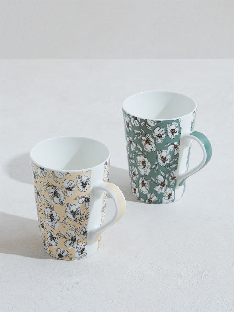 Westside Home Green & Yellow Devonian Floral Mugs (Set of 2)