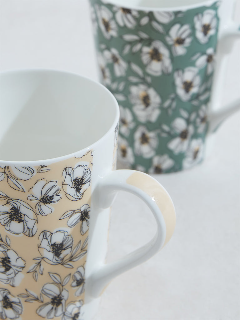 Westside Home Green & Yellow Devonian Floral Mugs (Set of 2)