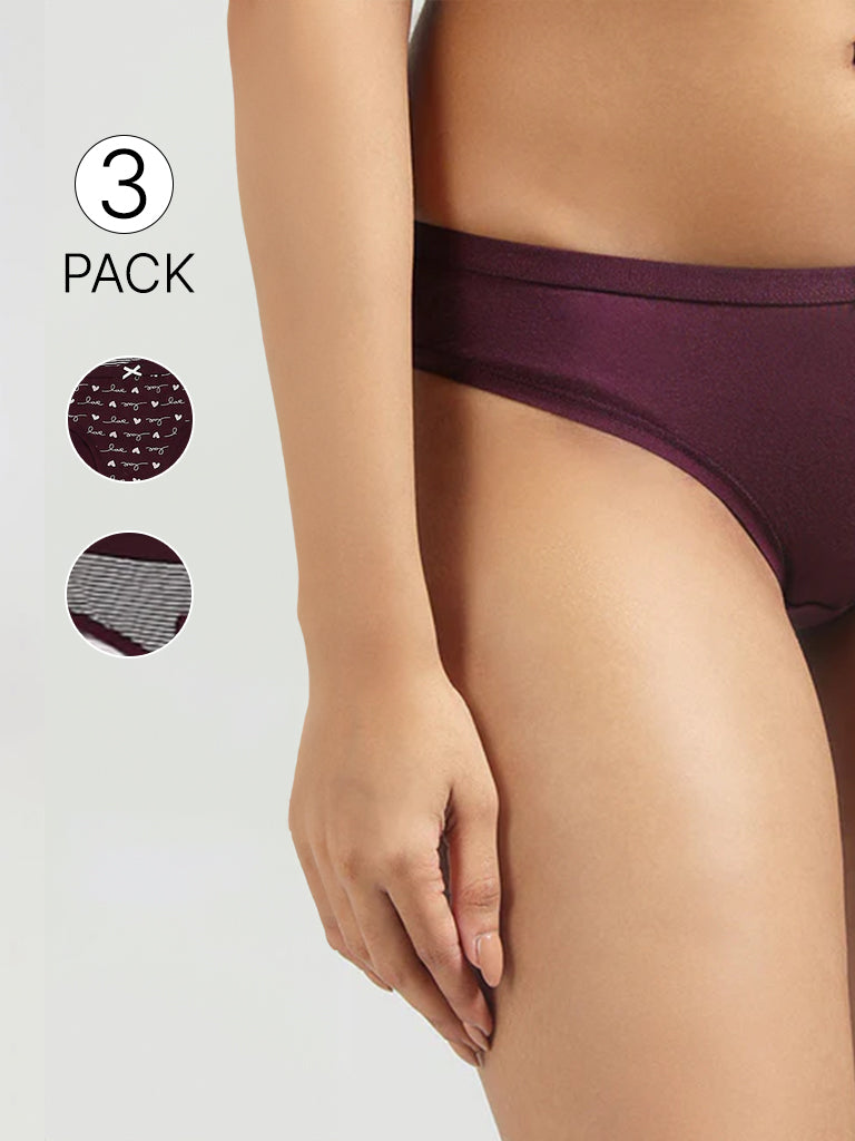 Wunderlove Violet Cotton Blend Bikini Briefs - Pack of 3