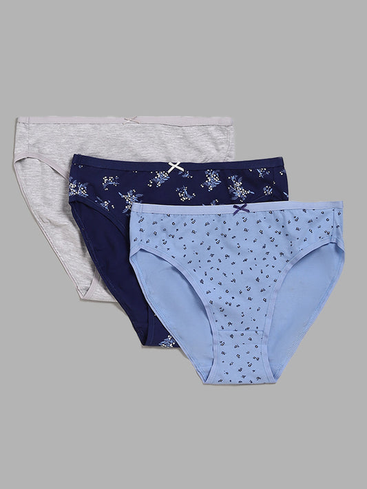 Wunderlove Blue Printed Hi-Leg Briefs - Pack of 3