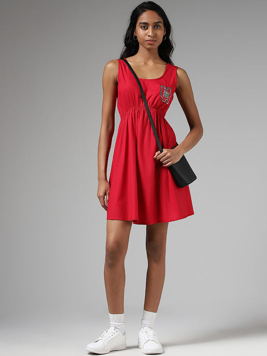 Nuon Red Tie-Up Gathered Dress