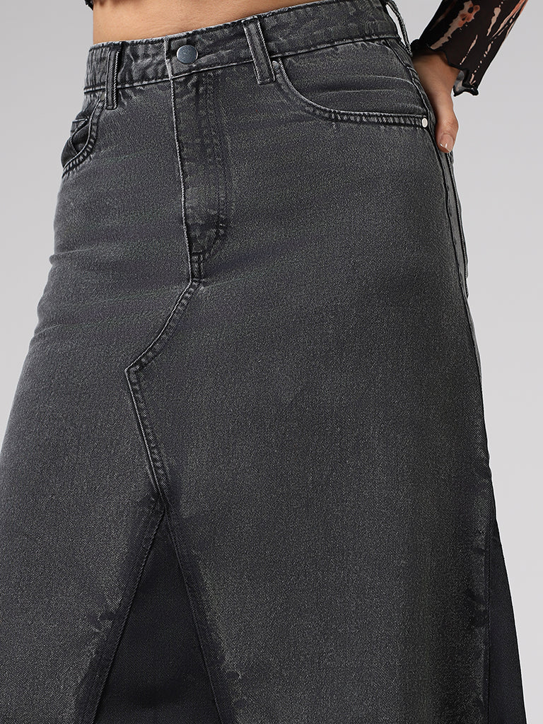 Nuon Grey Pleat Accent Denim Maxi Skirt