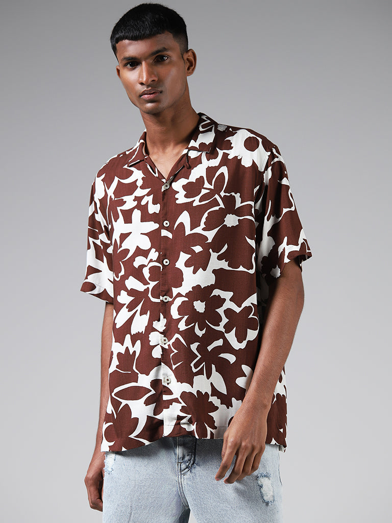 Nuon Floral Printed Brown Relaxed-Fit Shirt