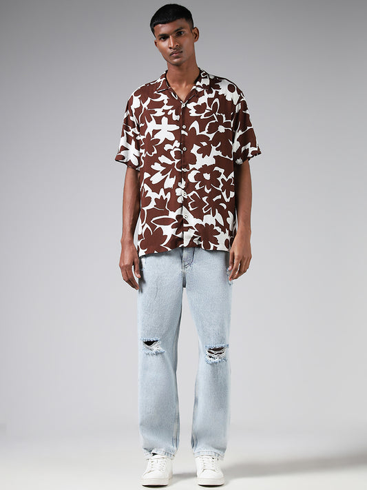 Nuon Floral Printed Brown Relaxed Fit Shirt