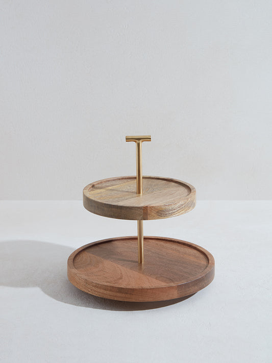 Westside Home Brown Two-Tiered Wooden Cake Stand