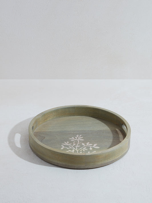 Westside Home Green Wooden Leaf Pattern Round Tray