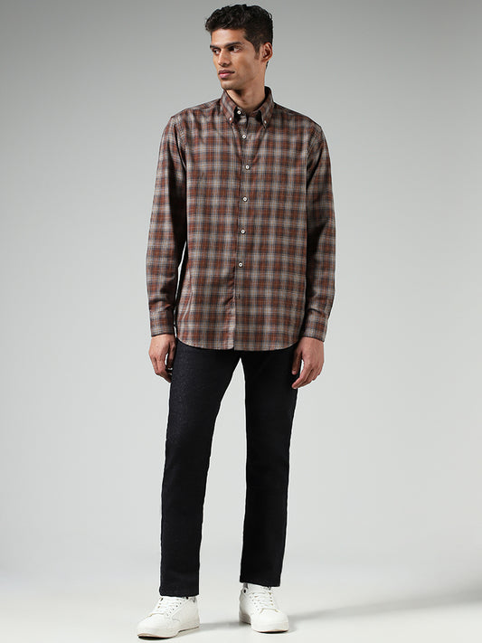 Ascot Brown Checked Cotton Blend Relaxed-Fit Shirt