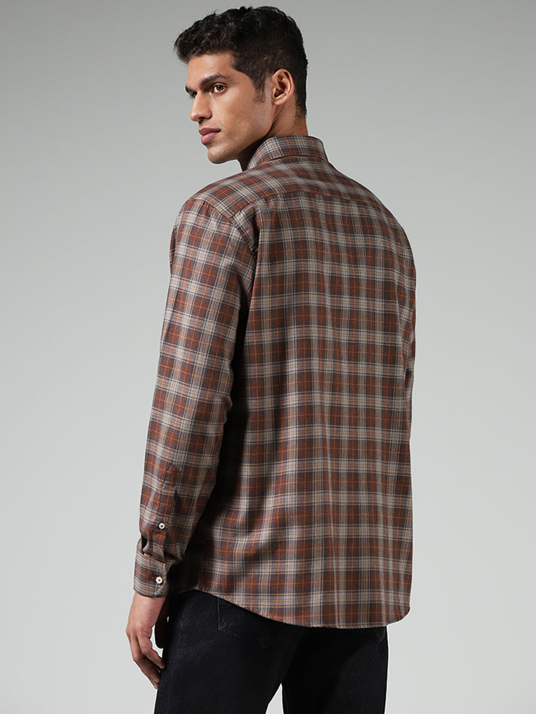 Ascot Brown Checked Cotton Blend Relaxed Fit Shirt