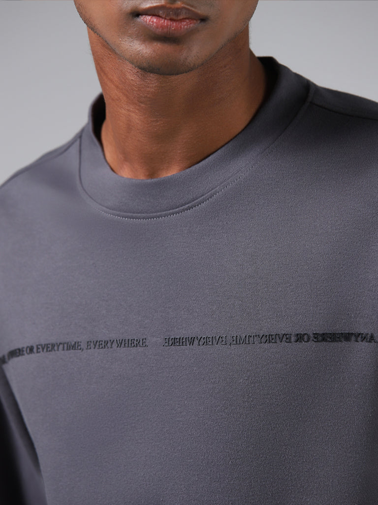 Studiofit Grey Typographic Printed Cotton Relaxed Fit Sweatshirt