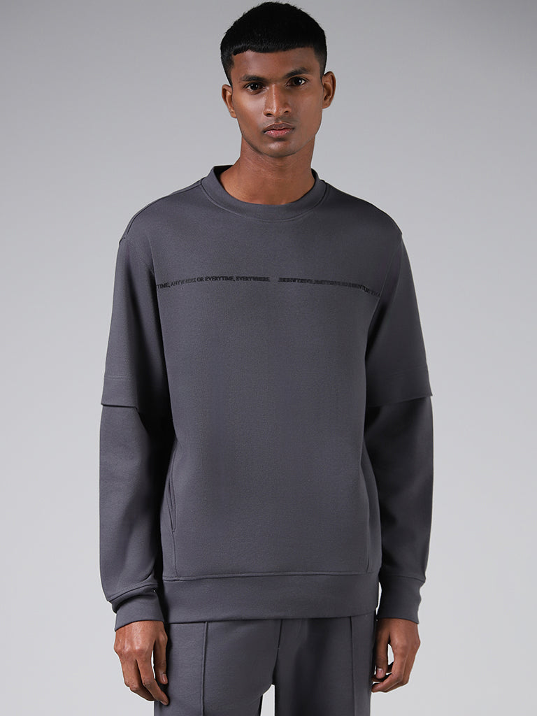 Studiofit Grey Typographic Printed Relaxed Fit Sweatshirt