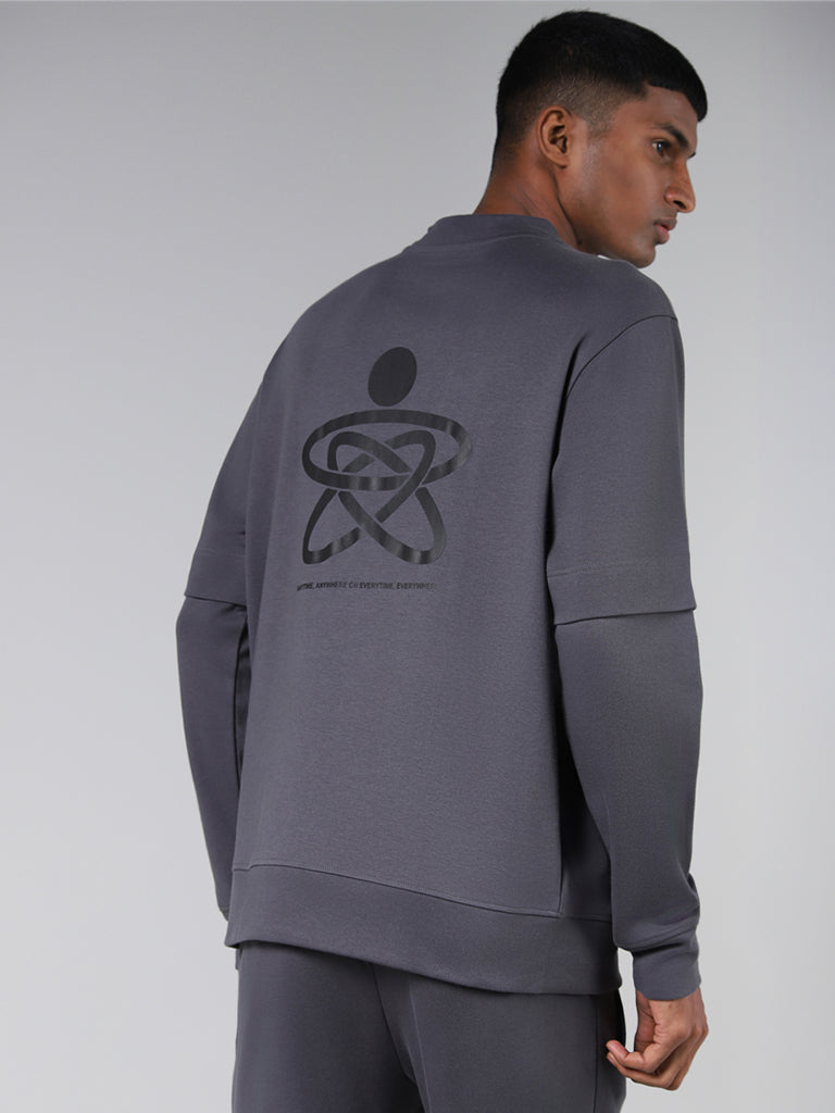 Studiofit Grey Typographic Printed Cotton Relaxed Fit Sweatshirt