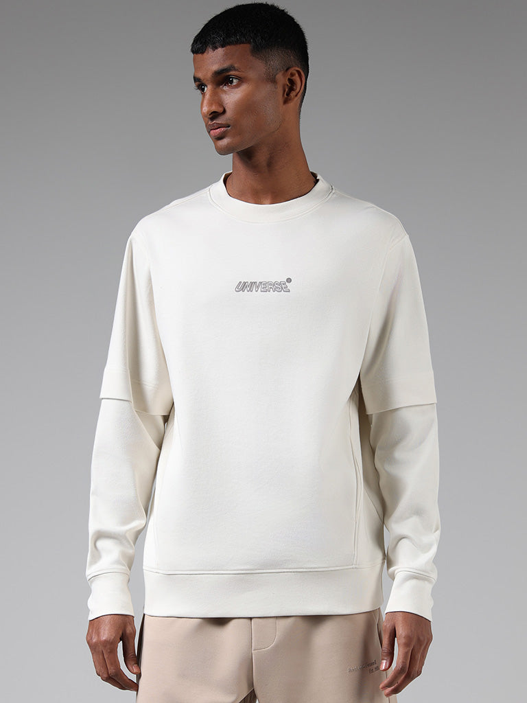 Studiofit Off White Typographic Printed Cotton Relaxed Fit Sweatshirt