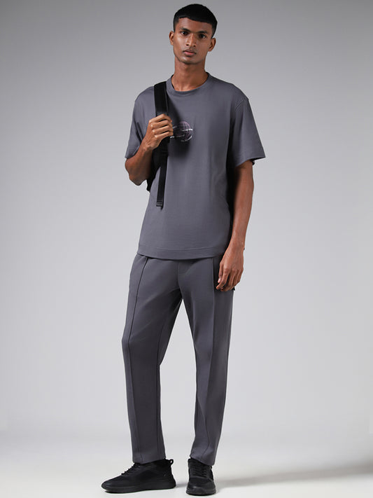 Studiofit Grey Cotton Seam Detail Relaxed-Fit Mid-Rise Joggers