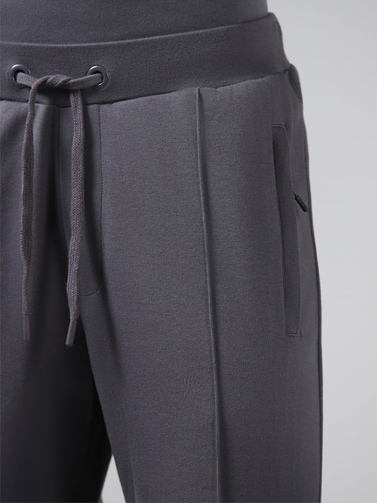 Studiofit Grey Cotton Seam Detail Relaxed-Fit Mid-Rise Joggers