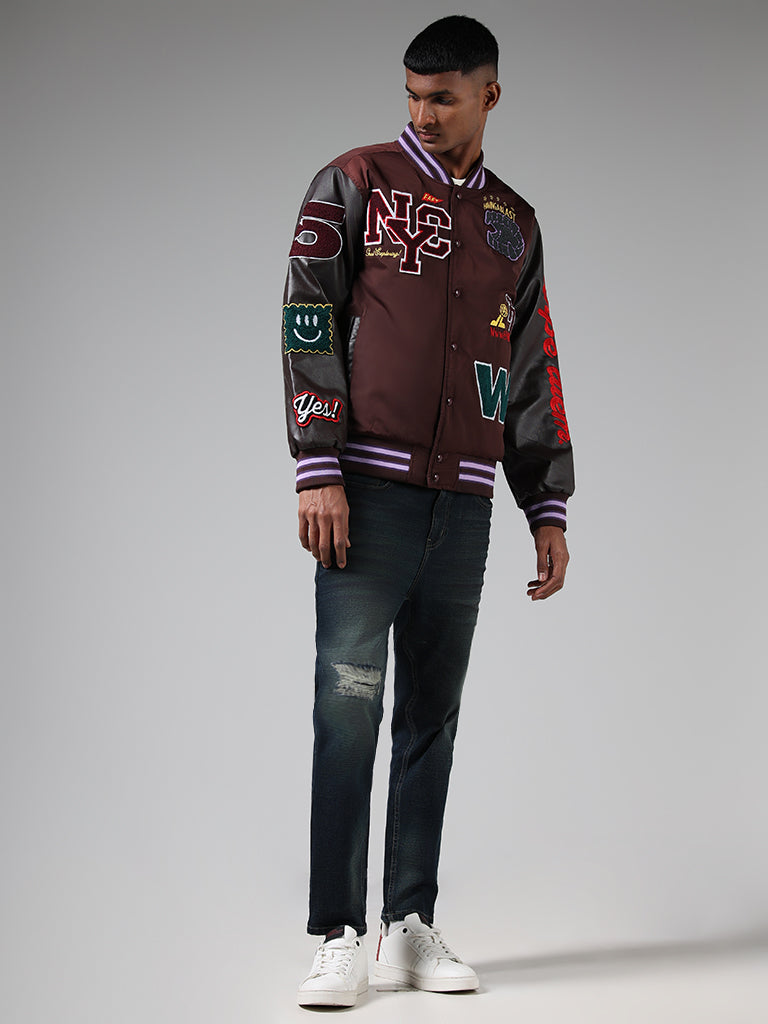 Nuon Wine Embroidered Relaxed Fit University Jacket