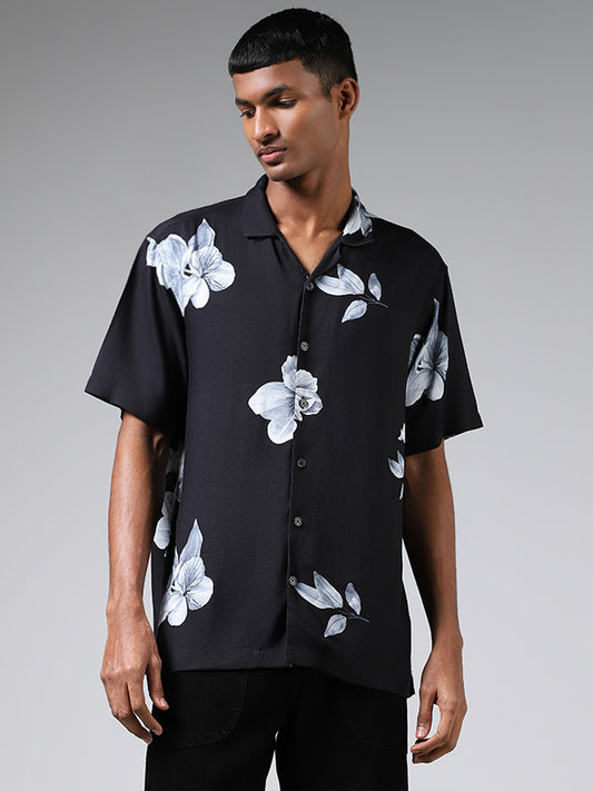 Nuon Black Floral Printed Relaxed Fit Shirt