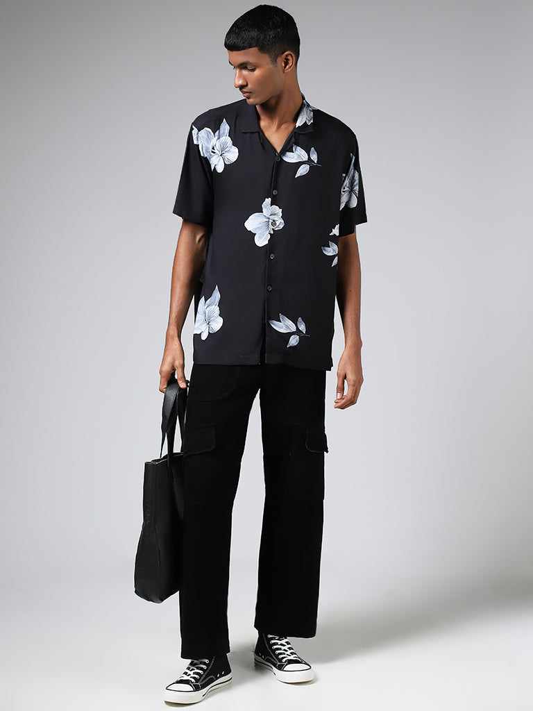 Nuon Black Floral Printed Relaxed Fit Shirt