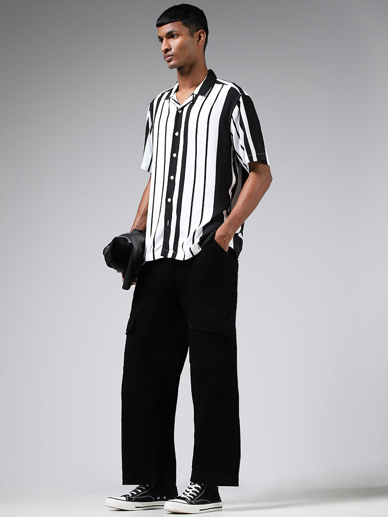 Nuon White & Black Striped Relaxed Fit Shirt