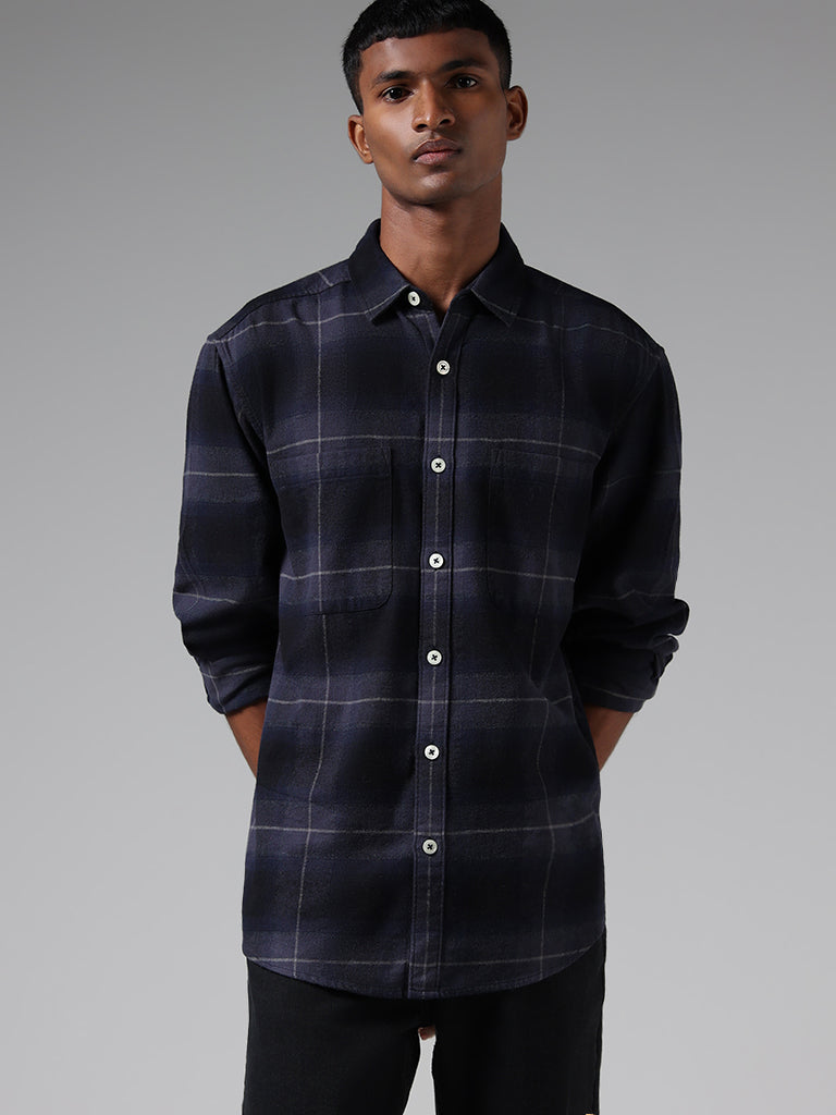Nuon Navy Checked Cotton Blend Relaxed Fit Shirt
