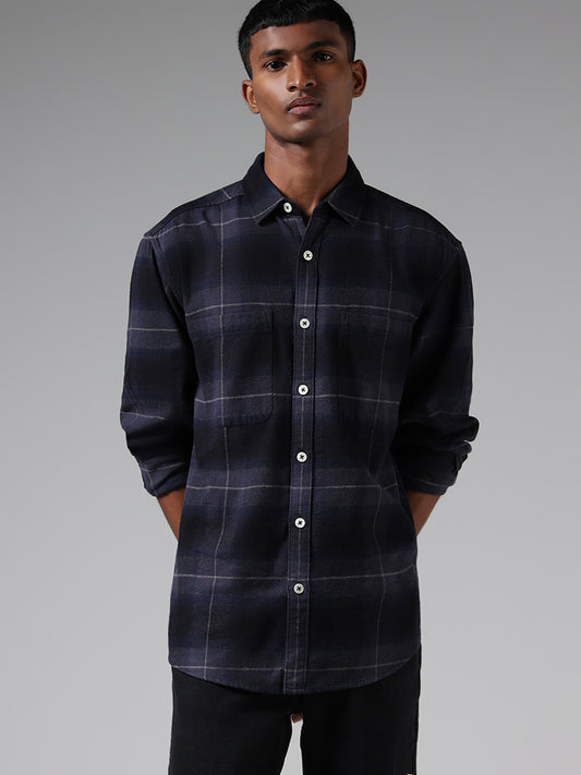 Nuon Navy Checked Cotton Blend Relaxed-Fit Shirt