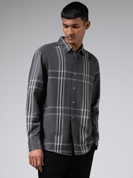 Nuon Dark Grey Checked Cotton Relaxed-Fit Shirt