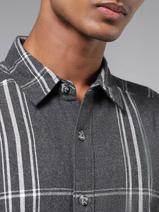 Nuon Dark Grey Checked Cotton Relaxed-Fit Shirt