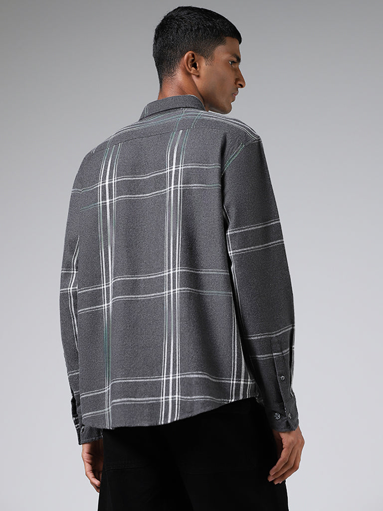 Nuon Dark Grey Plaid Checked Relaxed Fit Shirt