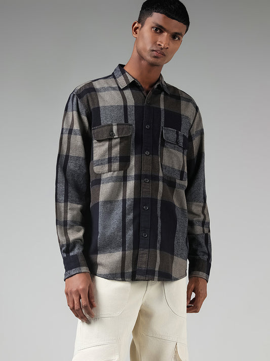 Nuon Grey Checked Cotton Blend Relaxed-Fit Shirt