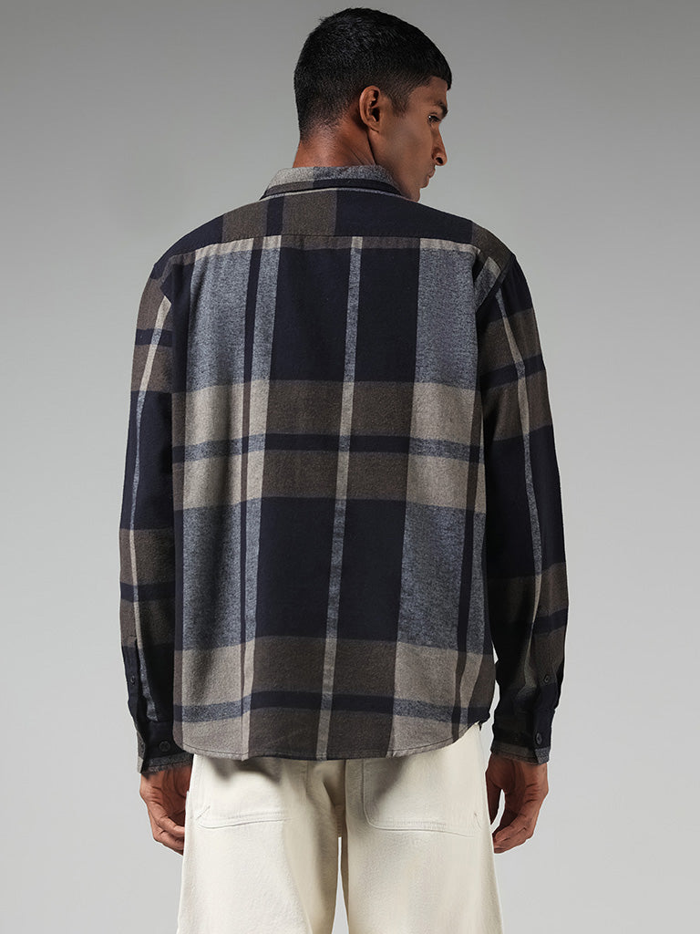 Nuon Grey Checked Cotton Blend Relaxed Fit Shirt