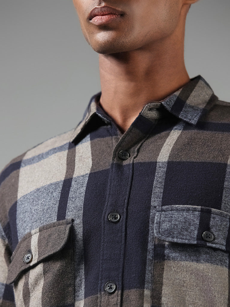 Nuon Grey Checked Cotton Blend Relaxed Fit Shirt