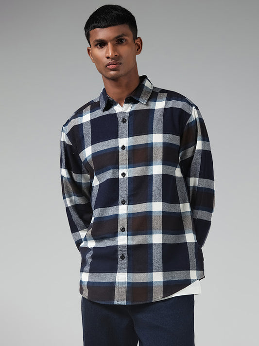 Nuon Dark Blue Checked Relaxed Fit Shirt