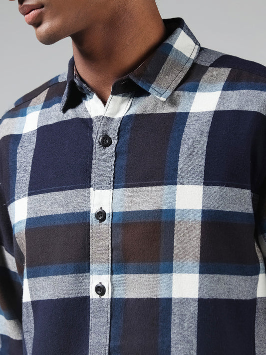 Nuon Dark Blue Checked Relaxed Fit Shirt