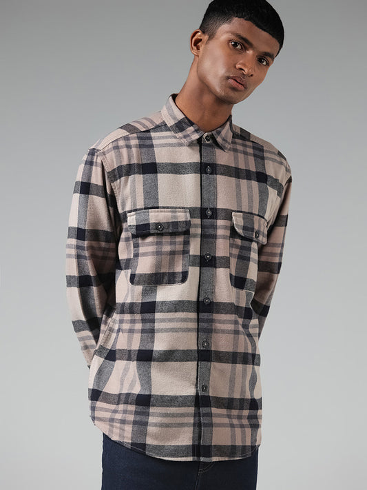 Nuon Beige Checked Cotton Blend Relaxed-Fit Shirt