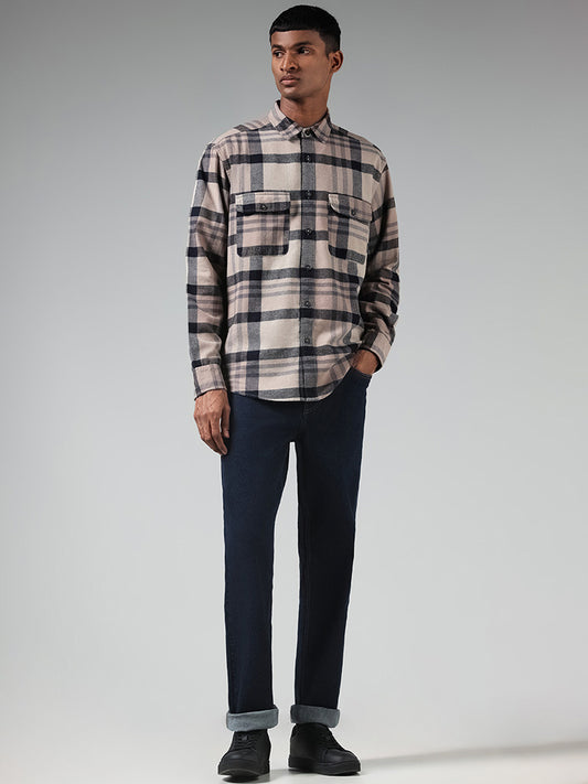 Nuon Beige Checked Cotton Blend Relaxed-Fit Shirt