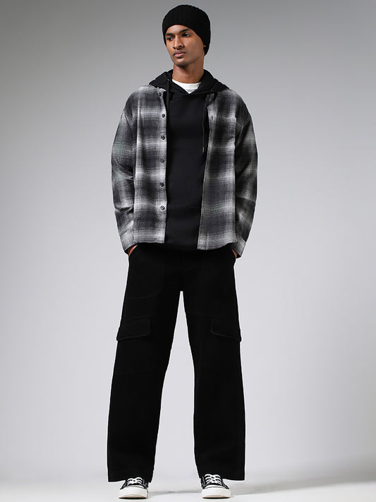 Nuon Dark Grey Plaid Checked Cotton Relaxed-Fit Shirt