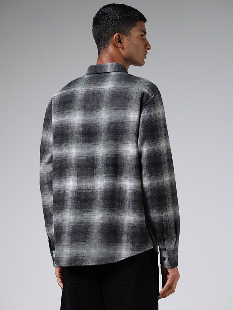 Nuon Dark Grey Plaid Checked Cotton Relaxed Fit Shirt