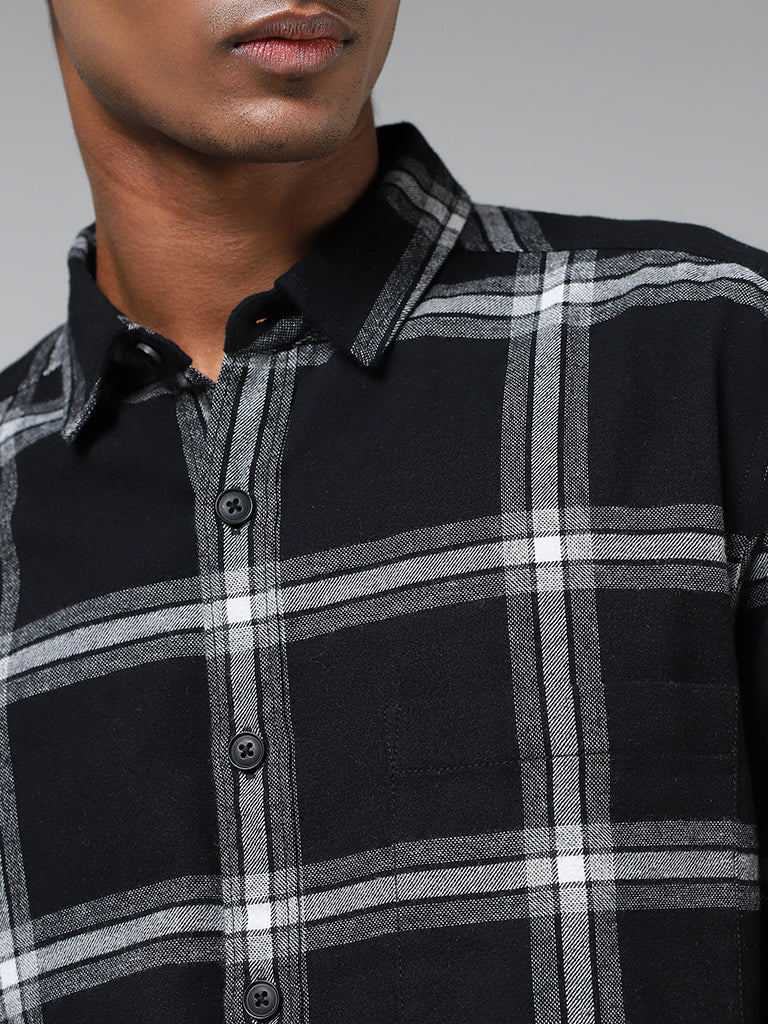 Nuon Black Plaid Checked Relaxed Fit Shirt