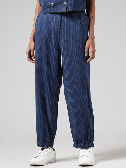 Bombay Paisley Blue Pinstriped Embroidered Blended Linen Joggers