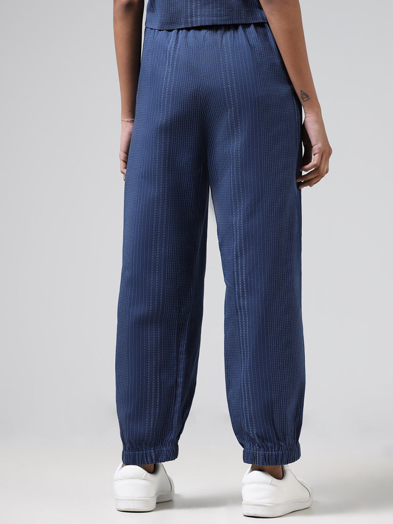 Bombay Paisley Blue Pinstriped Embroidered Blended Linen Joggers