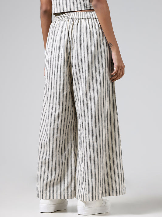 Bombay Paisley Off White Striped Wide-Leg Blended Linen Pants