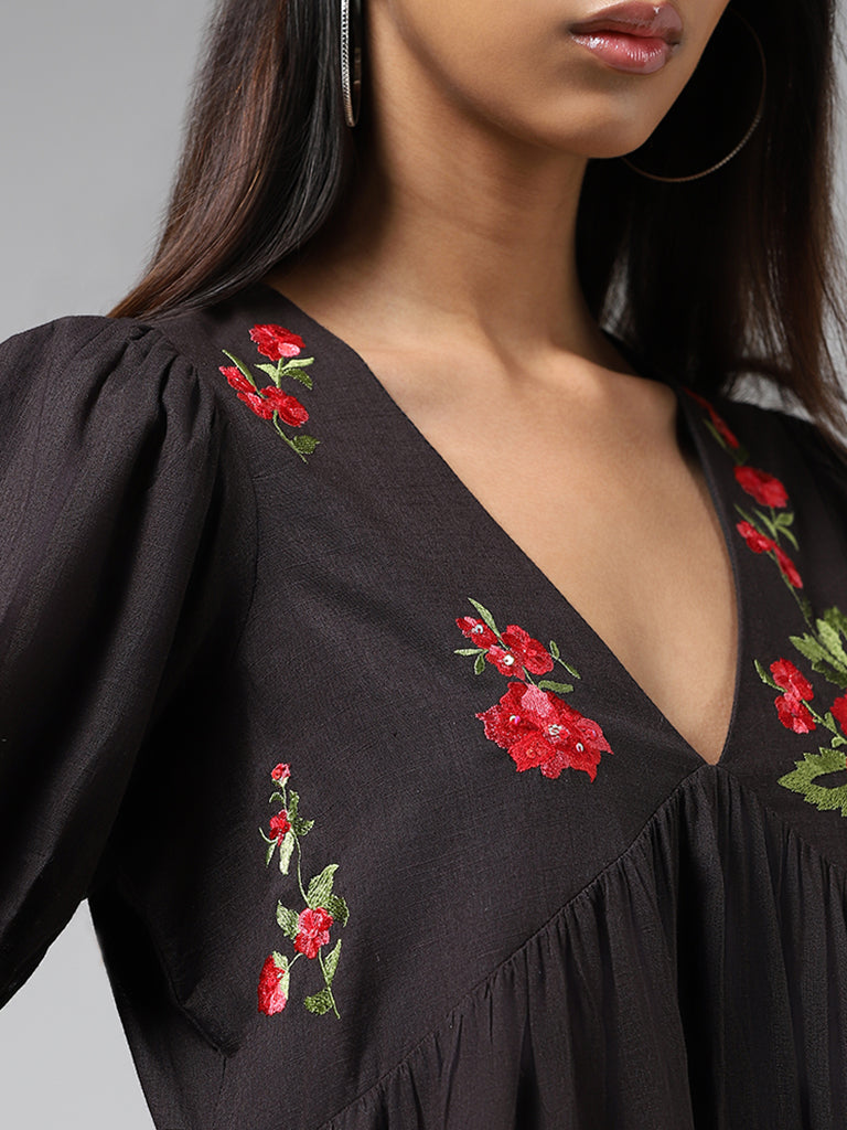 Bombay Paisley Black Floral Embroidered Cotton Tiered Dress