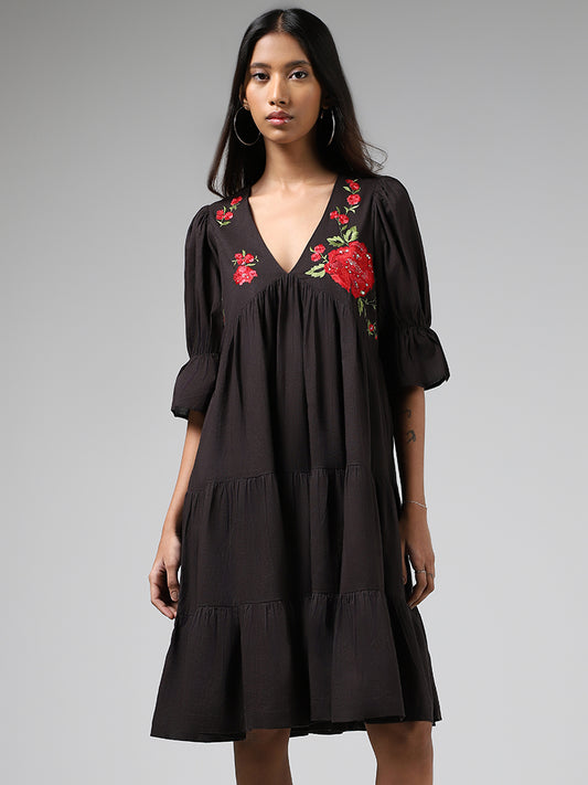 Bombay Paisley Black Floral Embroidered Tiered Dress