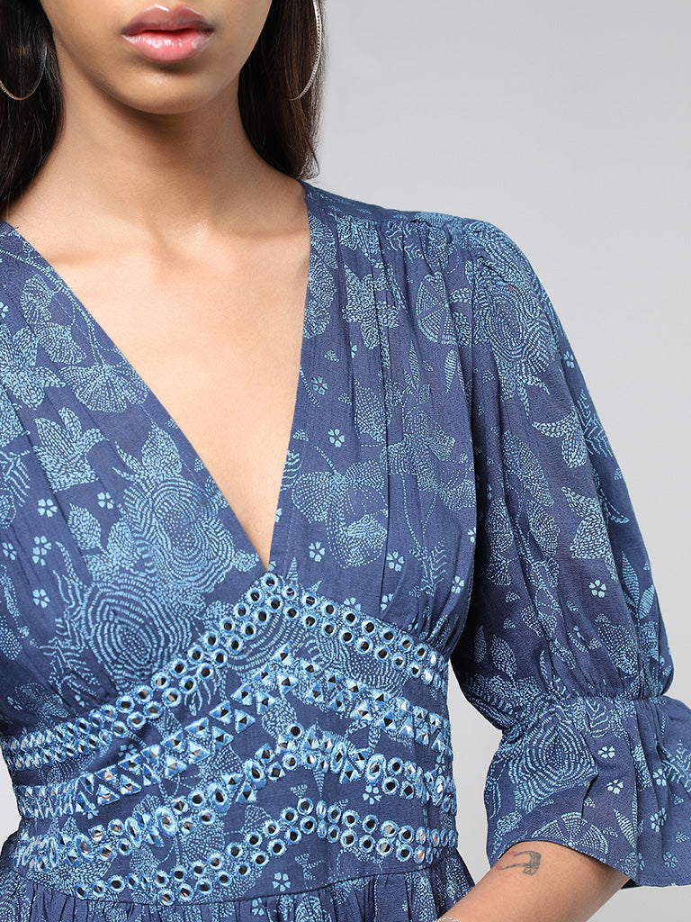 Bombay Paisley Blue Mirror Embroidered & Printed Tiered Dress